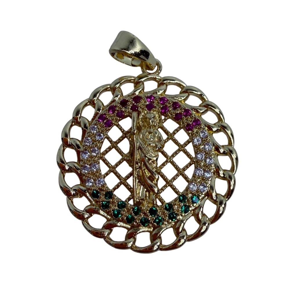 San Judas Tadeo Gold Tone Medallion Pendant Red White Green CZ Accents Round